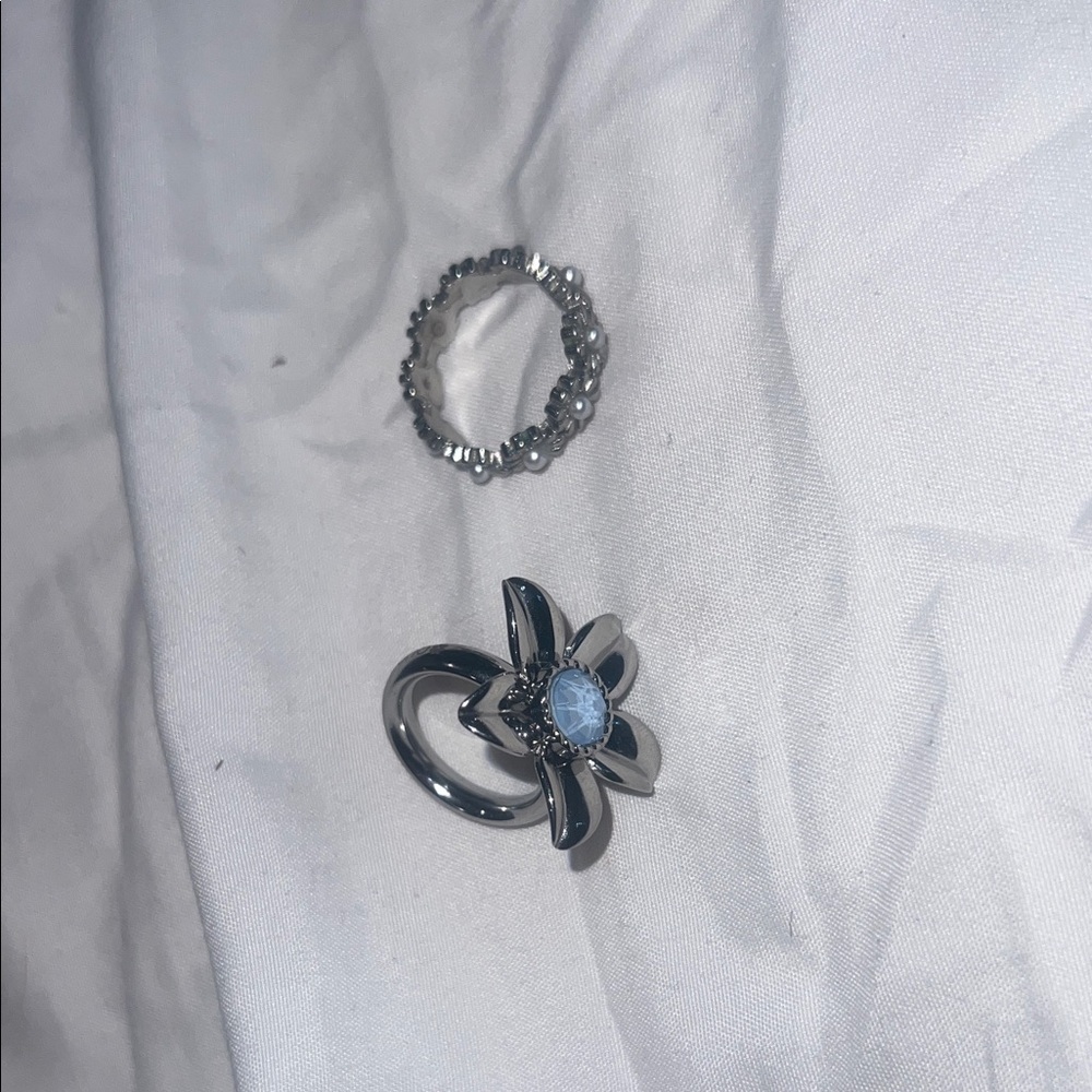 Silver Flower Ring Set with Blue Stone